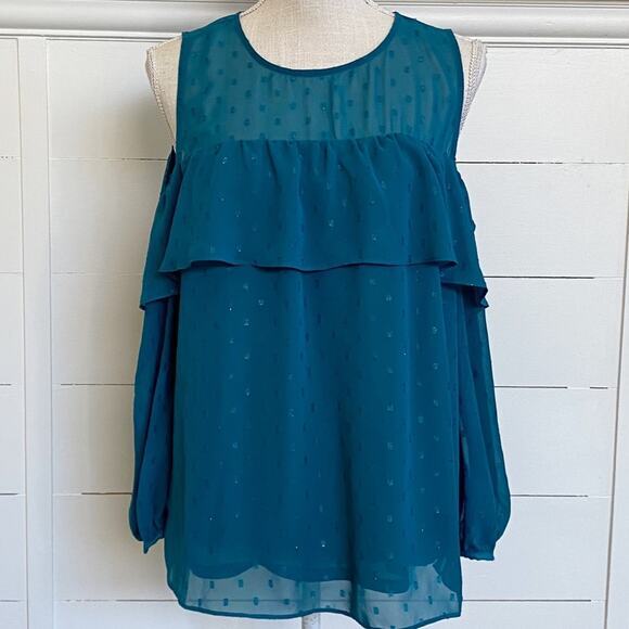 Old Navy Fairycore Glam Glitter Dot Cold Shoulder Blouse Deep Turquoise Blue- M - Picture 6 of 8